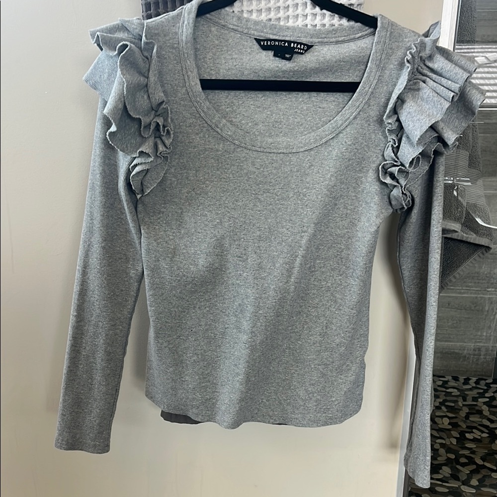 Veronica Beard Gray Fitted Ruffled Blouse